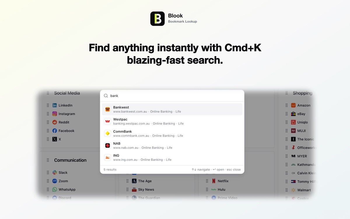 Blook instant search showing matching banking bookmarks